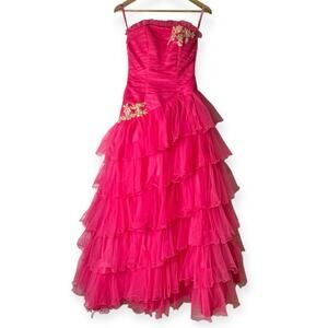 Maggie Soterro Strapless Tulle Gown Ruffled Embroidered Hot Pink Size 4 Prom Bal